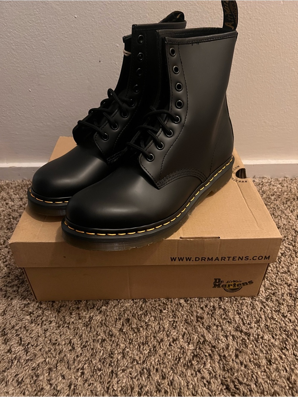 Dr. Martens Women’s Black 8-Eye Lace-Up Leather Boots with Yellow Welt Stitching - Picture 2 of 7